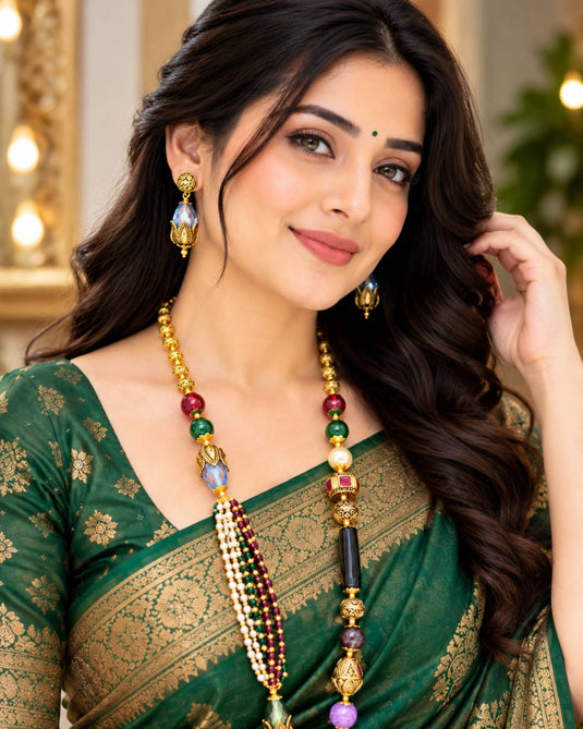 Elegant Pearl-Style Beaded Ethnic Mala Necklace and Earrings Set