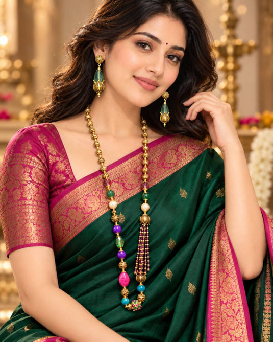 Antique Gold-Tone Green Crystal-Look Drop Mala Necklace and Earrings Set