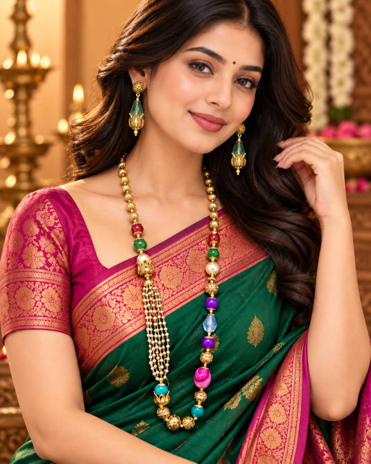 Traditional Multicolor Stone-Look Beaded Mala Necklace and Earrings Set
