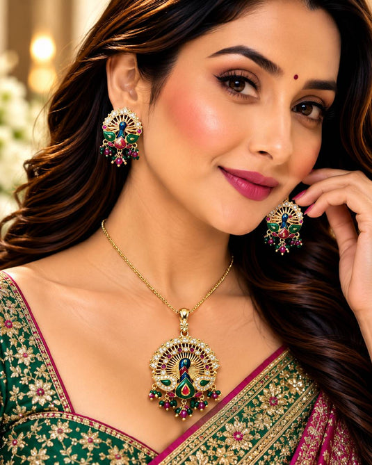 Royal Peacock Motif Necklace and Earrings Set for Women