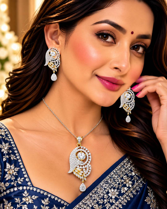 Royal Peacock Motif Ethnic Necklace and Earrings Set for Women