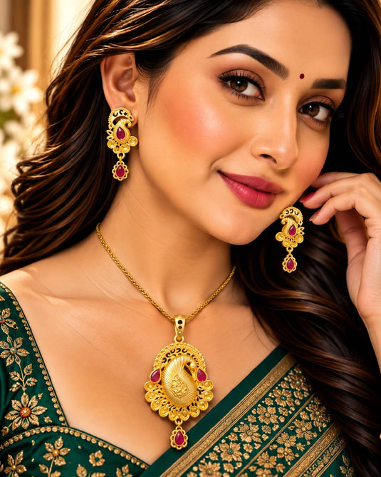 Statement Gold-Tone Ruby-Look Necklace and Earrings Set for Women