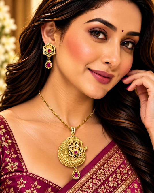 Heritage-Style Gold-Tone Ruby-Look Necklace and Earrings Set for Women