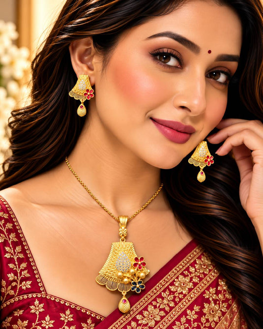 Classic Gold-Tone Festive Ethnic Necklace and Earrings Set for Women
