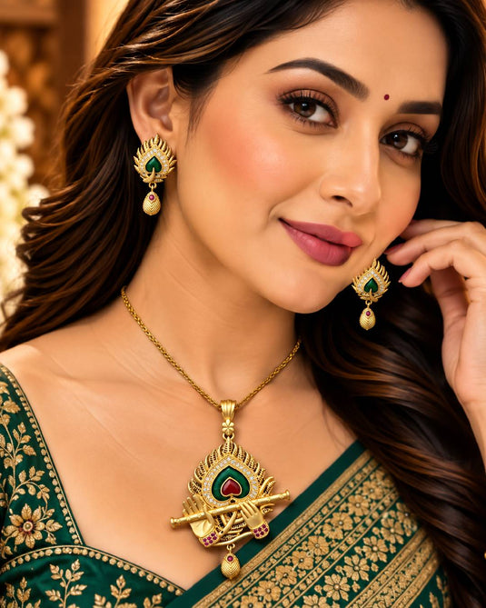 Designer Peacock Motif Necklace and Earrings Set for Women
