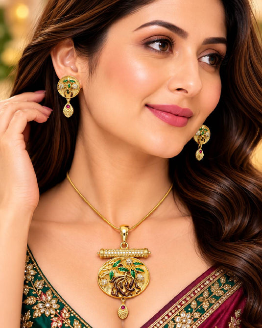Royal Gold-Tone Green Accent Necklace and Earrings Set for Women