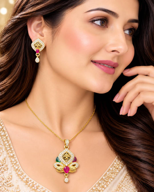 Classic Ruby-Look & Diamond-Look Necklace and Earrings Set for Women