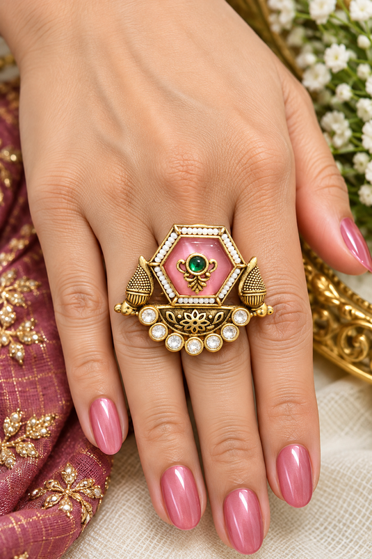 Traditional Pink and Emerald-Look Temple Statement Ring for Women