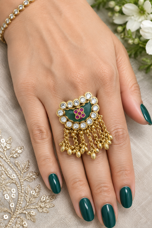Traditional Green Kundan-Style Ornate Statement Ring for Women