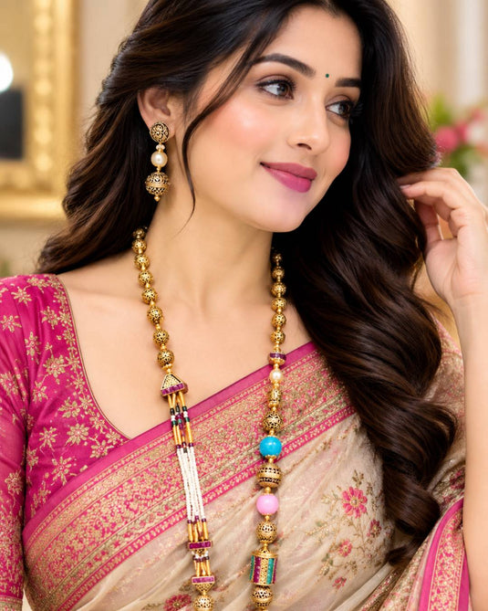 Traditional Multicolor Beaded Bridal-Style Mala Necklace and Earrings Set