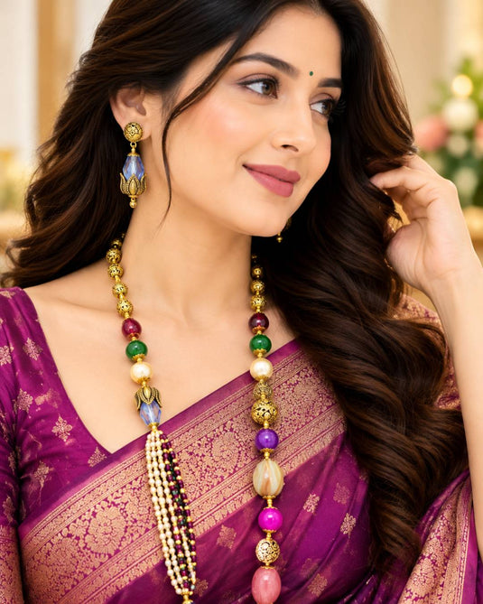 Designer Gold-Tone Pearl-Style Statement Mala Necklace and Earrings Set