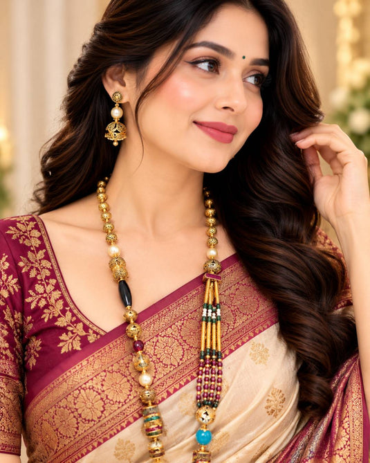 Traditional Gold-Tone Multicolor Beaded Mala Necklace and Earrings Set