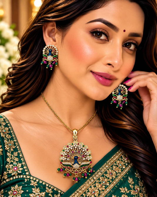 Traditional Peacock Motif Necklace and Earrings Set for Women