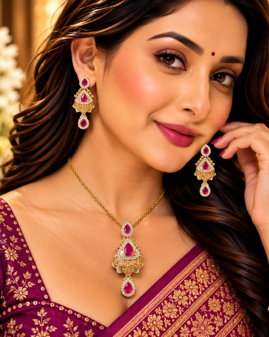Festive Gold-Tone Ethnic Necklace and Earrings Set for Women