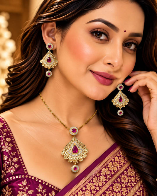 Traditional Gold-Tone Ruby-Look Necklace and Earrings Set for Women