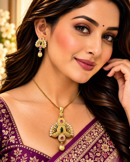 Traditional Gold-Tone Ethnic Necklace and Earrings Set for Special Occasions