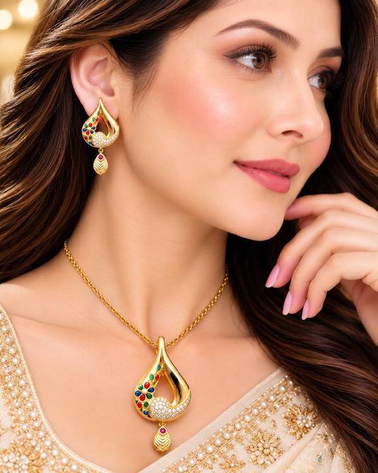 Traditional Gold-Tone Statement Necklace and Earrings Set for Women