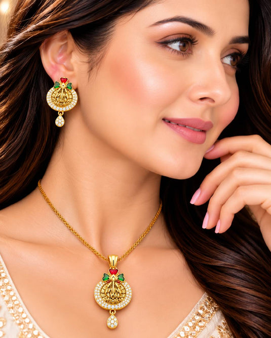 Traditional Gold-Tone Temple-Inspired Necklace and Earrings Set for Women