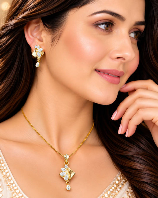 Traditional Gold-Tone Diamond-Look Accent Necklace and Earrings Set for Women