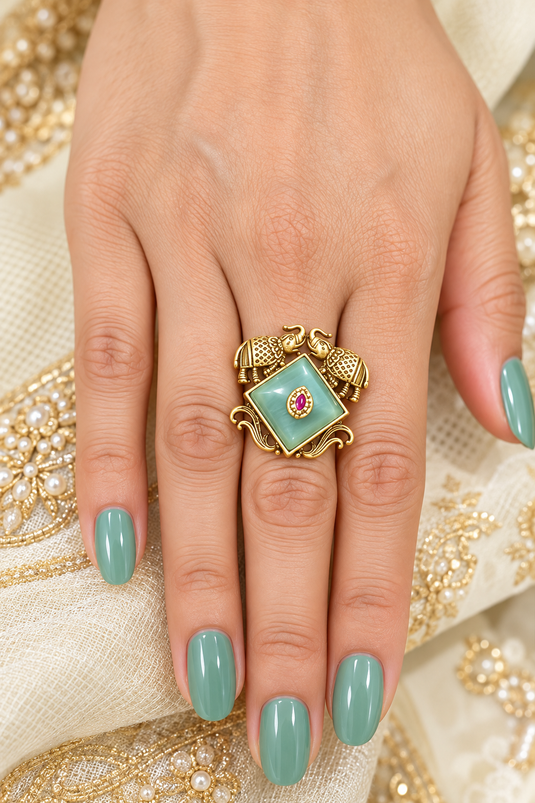 Designer Emerald-Look Ornate Statement Ring for Women