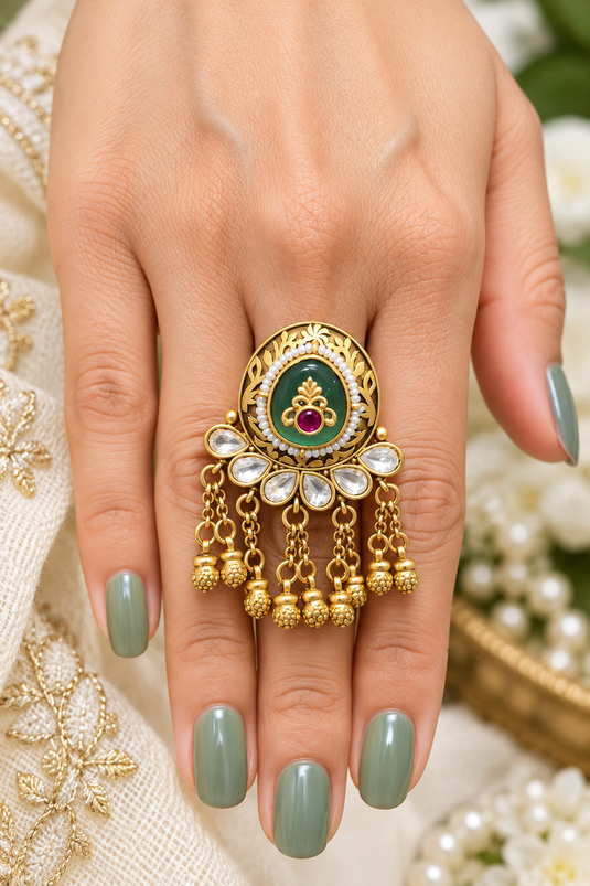 Designer Green and Gold-Tone Ornate Statement Ring for Women