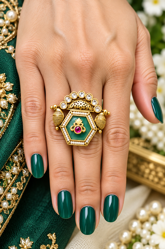 Elegant Emerald-Look Gold-Tone Bridal Statement Ring for Women