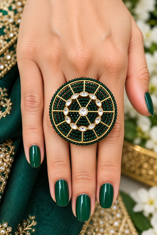 Designer Emerald-Look Mandala Statement Ring for Women